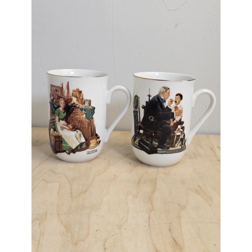 Norman Rockwell Museum Mugs Set of 2 1985 Country Doctor Antique Shop Gold Trim